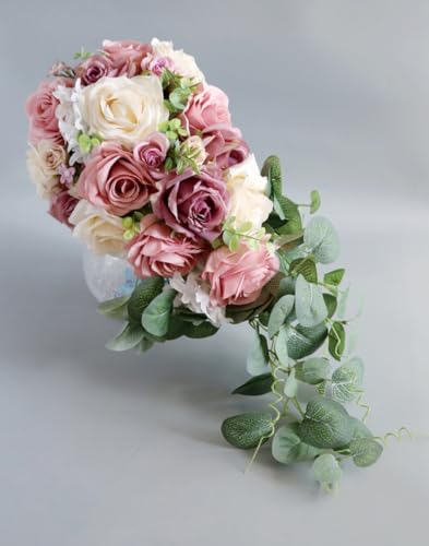 8.7 Inch Cascading Wedding Bouquet for Bride with Artificial Dusty Rose Flower Greenery Rustic Waterfall Cascade Bridal Wedding Bride Bridesmaid Bouquet Dusty Pink - color: Dusty Rose