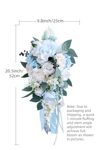 9.8 Inch Cascade Bridal Bouquet for Bride with Artificial Rose Flower Greenery Rustic Cascading Bridal Bride Wedding Bouquet Flower Wedding Champagne and Light Blue - color: Light Blue & Champagne