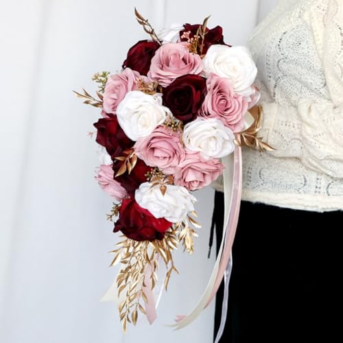 9.8 Inch Cascading Bridal Bouquet Waterfall Cascade Bridal Wedding Bouquet for Bride with Artificial Rose Flower Ribbon Rustic Burgundy and Blush Pink - color: Burgundy & Blush Pink
