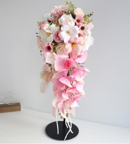 9.8 Inch Cascading Bridal Bouquet Waterfall Cascade Wedding Bouquet Bride with Artificial Rose Phalaenopsis Orchid Flower Beach Tropical Wedding Ceremony Bouquet Hot Pink and Blush Pink - color: Hot Pink & Blush Pink