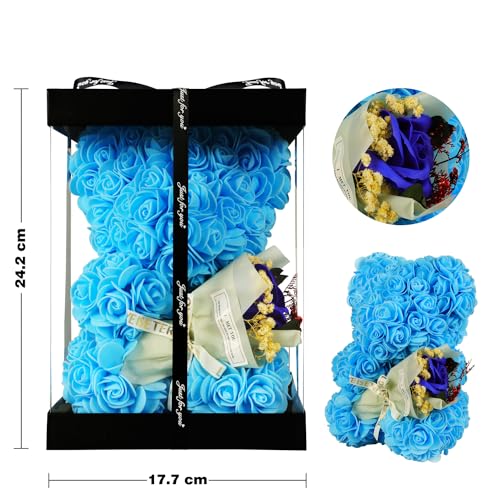Mother's Day Rose Bear Gifts for Mom, Rose Flower Bear Romantic Birthday Gifts for Girlfriend Wife,Rose Teddy Bear Women Gifts, Valentines Bear with Rose Bouquet - color: Blue Rose