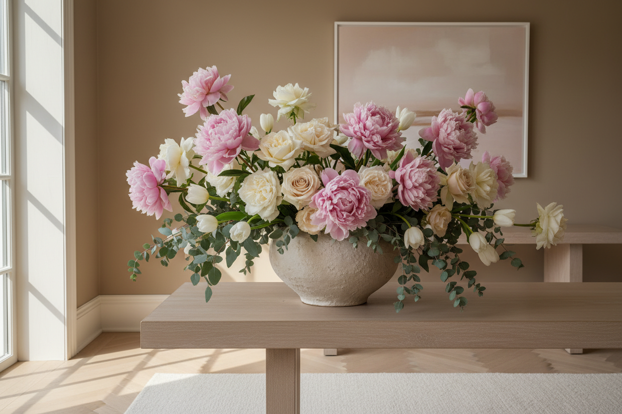 A bright, elegant interior featuring a ceramic vase filled with realistic blush peonies, cream roses, tulips, and eucalyptus stems on a light wood table, soft natural sunlight, refined neutral decor, premium editorial photography, no text.