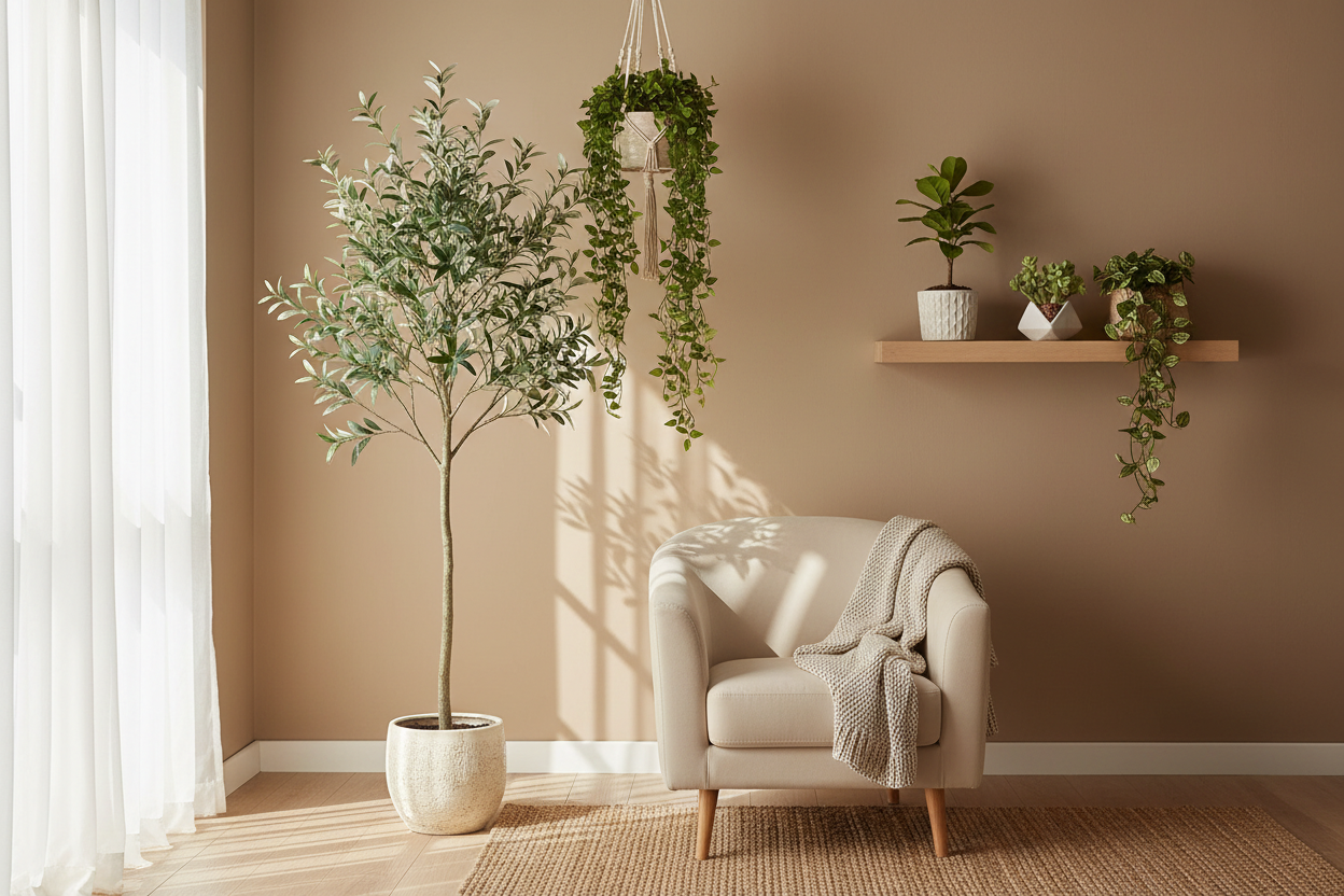 A stylish small apartment corner featuring a slim artificial olive tree, a hanging ivy plant, and small potted greenery on a light wood shelf, soft natural sunlight, warm neutral interior, realistic premium editorial photography, no text.