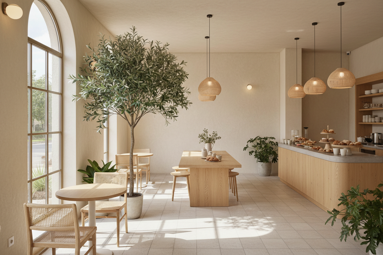 A warm and stylish café interior featuring a tall artificial olive tree beside a sunlit window table, light wood furniture, neutral textured walls, soft pendant lighting, realistic premium editorial hospitality photography, no text.