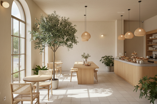 A warm and stylish café interior featuring a tall artificial olive tree beside a sunlit window table, light wood furniture, neutral textured walls, soft pendant lighting, realistic premium editorial hospitality photography, no text.
