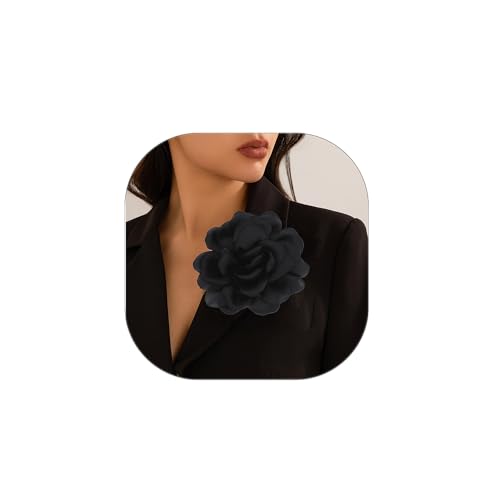 Large Flower Brooches Lapel Pins for Women Satin Fabric Brooches Big Camellia Flower Brooch Pins Wedding Part Dance Clothes Accessories Jewelry Gifts - color: black
