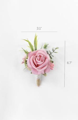 Ansofi Pink Corsage and Boutonniere Set Artificial Rose Flower Wrist Corsage and Boutineers for Groom Groomsmen Bride Bridesmaids Prom Rustic Vintage Wedding Decor - color: Pink