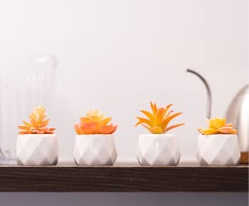 VIVERIE Mini Orange Artificial Succulent in Pots (White Ceramic, 4 Pot Set) Fake Plants for Indoors, Office Home Halloween/Christmas Decor Gifts-Faux Plant Gifts for Women - color: Orange