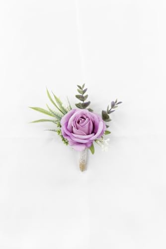Ansofi Purple Corsage and Boutonniere Set Artificial Rose Flower Wrist Corsage and Boutineers for Groom Groomsmen Bride Bridesmaids Prom Rustic Vintage Wedding Decor - color: Purple
