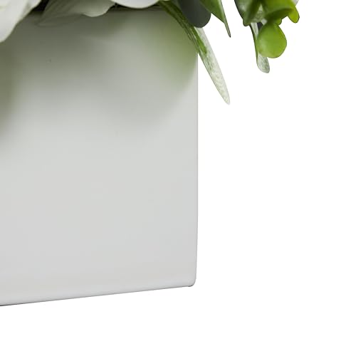 Deco 79 Fabric Artificial Flower with Green Leaves and Square Ceramic Vase, 9" x 9" x 10", White - color: White, size: 9" x 9" x 10"