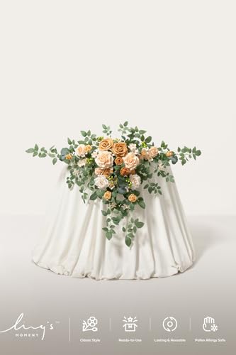 Ling's moment 2PCS Apricot Peach Artificial Flower Garland Wedding Arch Flowers Floral Swags Centerpieces Decoration Rose Greenery for Sweetheart/Head Table Easel Wall Entryway Board Backdrop - color: Brn-apricot & Peach