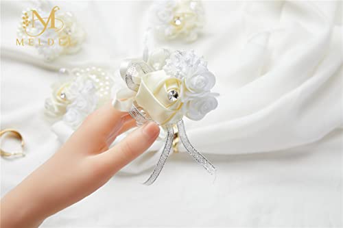 6pcs Beige-White Wedding Wrist Corsages Faux Silk Rose for Women | for Wedding, Prom, Homecoming, and Evening Party, Corsages with Pearls for Brides, Bridesmaids, the Mother of the Bride - color: 6pcs Beige Wrist Corsages