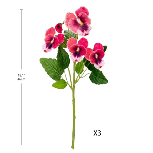 GnFlus Pink Artificial Flowers 3 Pack Pansy Flowers Artificial Silk Flowers 18" Realistic Fake Flowers for Decoration Indoor Faux Flowers for Vase Home Wedding Flower Bouquet Table Centerpiece Decor - color: Pink