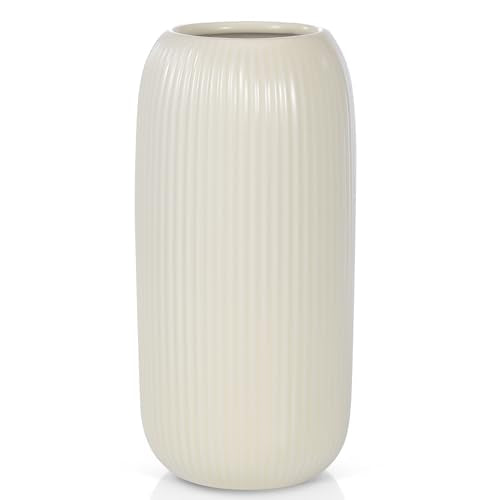 Ceramic Vase for Flowers – Modern Small Ribbed Textured Flower Vase for Home Decor, Pampas Grass, Decorative, Farmhouse, Coffee Table, Kitchen Centerpieces, Bookshelf and Home Living (Beige) - color: Beige