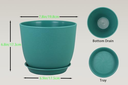 8 Inch Plant Pots Set of 4, Plastic Planters with Drainage Holes and Tray, Flower Pots for Indoor Outdoor Plants and Flowers (Multicolor) - color: White Green Blue Gray