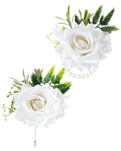 eZAKKA White Rose Corsage and Boutonniere Set for Men Wedding, Upgraded High-Fidelity Silk Flower Wristlet with Adjustable Pearl Bracelet for Prom Homecoming Party, Realistic & Non-Deforming (2Pcs) - color: White