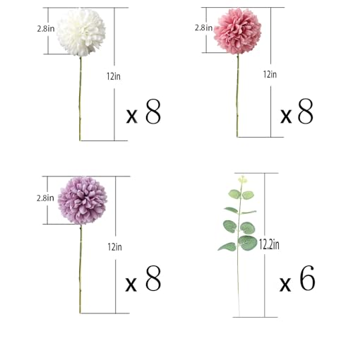 Artificial Silk Chrysanthemums with Eucalyptus, 12" Faux Mums | 24 Stems (Purple, White, Fuchsia) + 6 Eucalyptus, Plastic Stems Bendable, for Home Table Wedding Party Office Decor - size: 30pcs