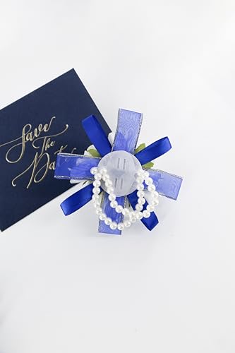 Royal Blue Rose Corsage and Boutonniere Set, Prom Flower Wrist Corsage Wristlet Band Bracelet, Boutonniere for Men White Wedding Flowers Accessories Prom Suit Decorations - color: Royal Blue