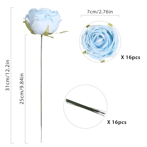 Artificial Roses,16PCS Light Blue Flowers 2.76" Austin Silk Roses Artificial Flowers Bulk for Wedding Bouquets Party Home Decor(Light Blue) - color: Light Blue