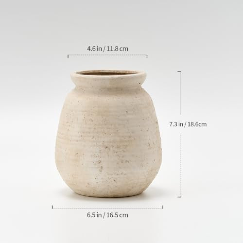 SIDUCAL Ceramic Rustic Farmhouse Vase | 7.3 Inch Pottery Decorative Flower for Home Decor | Sand Glaze Finish Boho Vase for Table, Living Room, Bathroom Decoration, Shelf Decor, Mantel, White - color: 18077-white