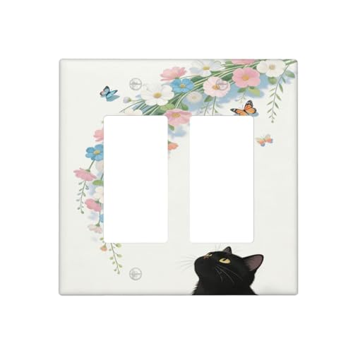 Decorative Art Light Switch Covers Black Cat Hanging Blooms 2 Gang Single Toggle Duplex Combination Electrical Faceplate Switchplate Wall Plate for Home Decor - color: Black Cat Hanging Blooms, size: 2-Gang Rocker /4.6 x 4.5 IN
