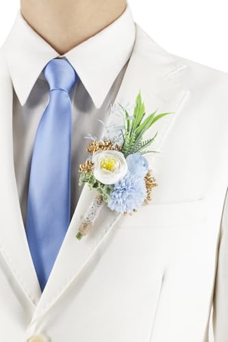 Ansofi Light Blue Corsage and Boutonniere Set Artificial Rose Flower Wrist Corsage and Boutineers for Groom Groomsmen Bride Bridesmaids Prom Rustic Vintage Wedding Decor - color: Light Blue