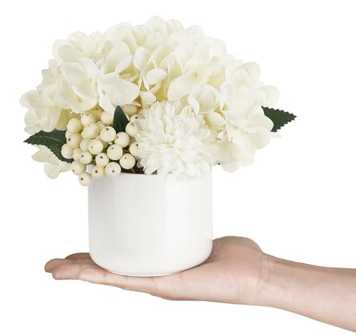 Dahey Hydrangea Artificial Flowers in Small Ceramic Vase, Fake Flower Floral Arrangements for Living Room Bathroom Dining Table Centerpice Wedding Party Spring Home Decor