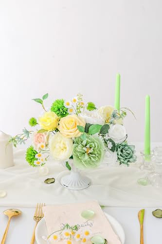 Artificial Flowers, White Green Fake Silk Flower, Silk Flowers with Stems, Wedding Cake Flowers for DIY Wedding Bridal Bouquets Centerpieces Decor - color: Green & White