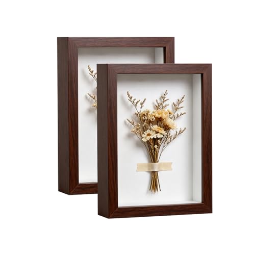 5x7 Shadow Box -2Pack Walnut Color Wooden Deep Picture Frame with Shatter-Resistant Panel for Wall Decor | 3D Display Case for Flowers, Photos and Crafts | Easy to Open & Ready to Hang Gift Idea - color: Walnut Color, size: 2Pcs 5x7in