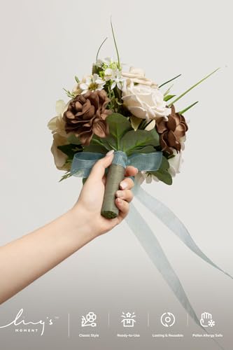 Ling's moment Ivory Artificial Wedding Flower Bouquets for Bridesmaids Brown Floral Bouquet Bridal Bouquets for Bridesmaids with Ribbon Ceremony Anniversary Homecoming,7-inch Diameter - color: Brn-brown