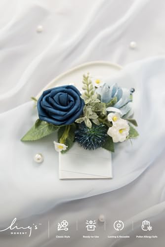 Ling's moment Pocket Boutonniere Single, Boutonniere for Men Groom for Wedding, Prom, Homecoming, Anniversary, Graduation, etc.Dusty Blue Navy, 6" W x 5" H - color: Blu-dusty Blue & Navy, size: 6" W x 5" H