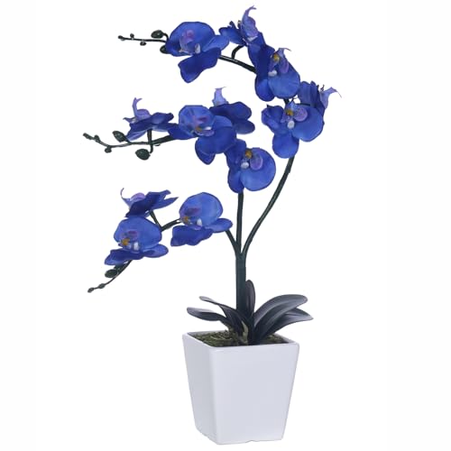 15" Tall Artificial Silk Phalaenopsis Orchid Flower Plant Pot Arrangements (Navy Blue) - color: Navy Blue
