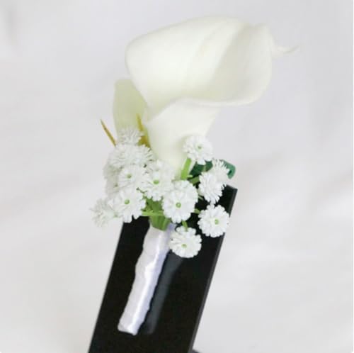 Artificial Calla Lily Wedding Boutonniere Groom and Groomsmen Buttonholes Flower with Pins Prom Party Suit Decoration Anniversary Accessories for Man (White -A,8) - color: White -a