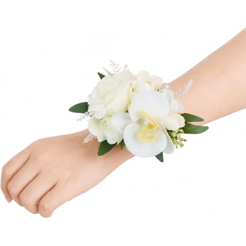 Rinlong 2Pcs White Orchid Wrist Corsage for Wedding, Prom, Homecoming | Bridesmaid Wristlet, Mother of the Bride Flower Corsage - color: 06-white Orchid