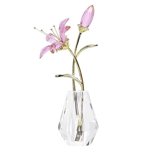 LONGWIN Crystal Artifical Tiger Lily Flowers with Vase - Pink Crystal Collectible Figurines Decorative Blooming Lily Flower for Home and Wedding - color: Pink