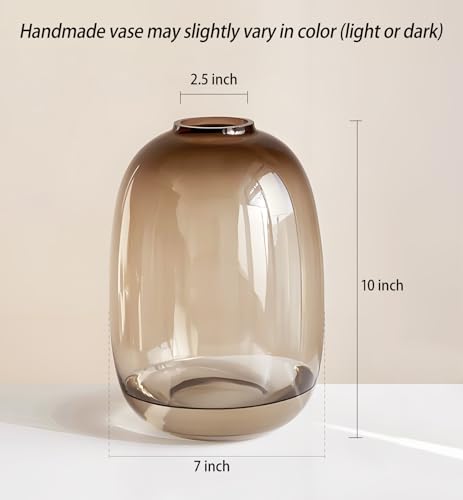 GeLive Brown Glass Vase Round Clear Colored Flower Vase for Centerpiece Long Stem Branch Fresh Artificial Plant Bottle Modern Home Indoor Decoration (Brown) - color: Brown