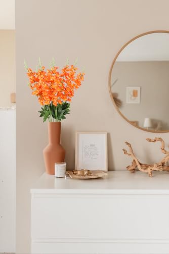Orange Delphinium Artificial Flowers,8PCS Long Stem Silk Larkspur Flowers 33.5'' Faux Delphinium Stems for Tall Vase Home Wedding Table Decor(Orange) - color: Orange