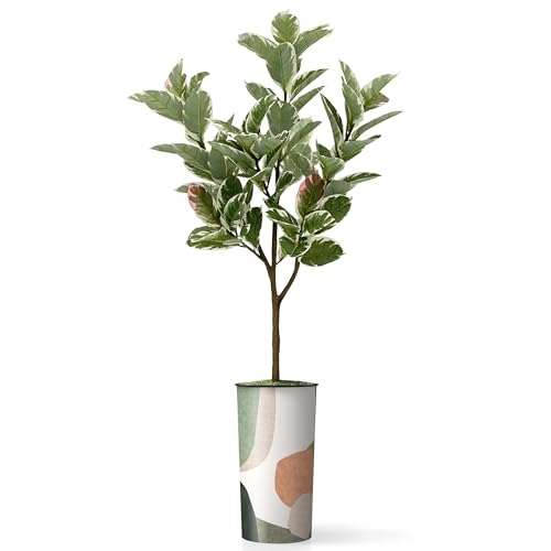 Artificial Tree in Multicolor Textured Geometric Shapes Illustrations Planter, Fake Rubber Silk Tree for Indoor and Outdoor Home Decoration - 70" Overall Tall (Plant Pot Plus Tree) - style: Rubber