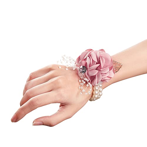 Rose Wrist Corsage Boutonniere Set,Wrist Flower Corsage Wristlet Band Bracelets and Men's Boutonniere for Wedding Flowers Accessories Prom Suit Decor - color: 2 Wrist Corsage Pink