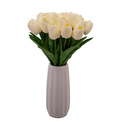 20PCS Artificial Tulip Flowers - 13.7" Real Touch Fake PU Tulips Bouquet Faux Spring Flowers for Office Table,Bedroom,Kitchen Home Mothers Day Easter Decoration (Milky White)