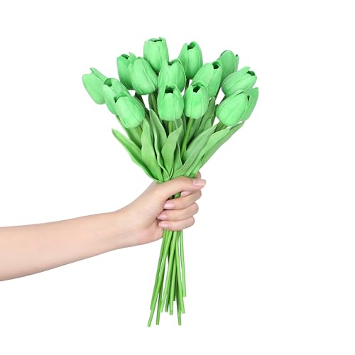 SITUMEIZI 15pcs Green Tulips Fake Artificial Flowers Real Touch 14" PU Flower for St Patricks Day Home Decor Easter Spring Wedding Bouquet Decorations Mother's Gift Day Floral Arrangements - color: Green#