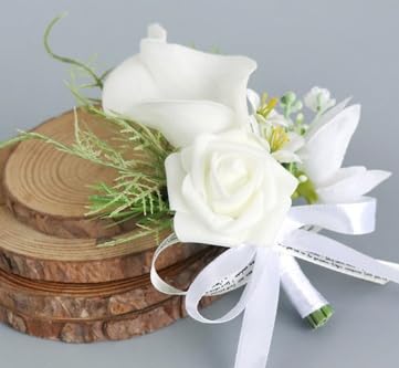 4PCS Calla Lily Boutonniere Handmade Romantic White Corsage Suitable for Wedding Ceremony, Anniversary, Dinner Dance (4), 10 x 14 cm