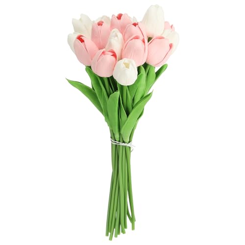 uxcell 20pcs Tulips Artificial Flowers, Faux Flowers Silk Fake Tulip Stems Real Touch for Wedding Bouquet Centerpiece Table Party Decoration(Candy Pink, Pure White) - color: Candy Pink, Pure White