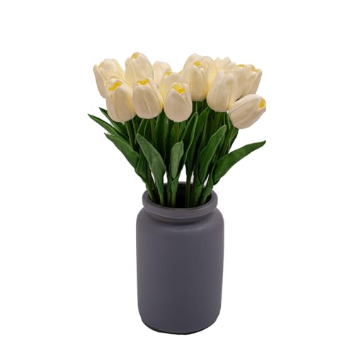 20PCS Artificial Tulip Flowers - 13.7" Real Touch Fake PU Tulips Bouquet Faux Spring Flowers for Office Table,Bedroom,Kitchen Home Mothers Day Easter Decoration (Milky White)