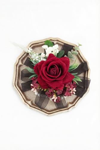 Burgundy & Black Corsage and Boutonniere Set, Corsage Wristlet for Women and Boutonniere for Wedding Prom Homecoming, Artificial Rose Flowers Boutonniere and Wrist Corsage - color: Burgundy & Black