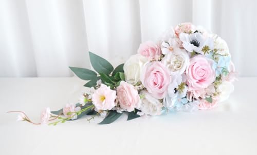 9.5 Inch Cascading Wedding Bouquet for Bride Cascade Artificial Rose Flower Bride Bridal Bouquet Rustic Boho Wedding Ceremony Anniversary Bridal Shower Light Pink - color: Light Pink