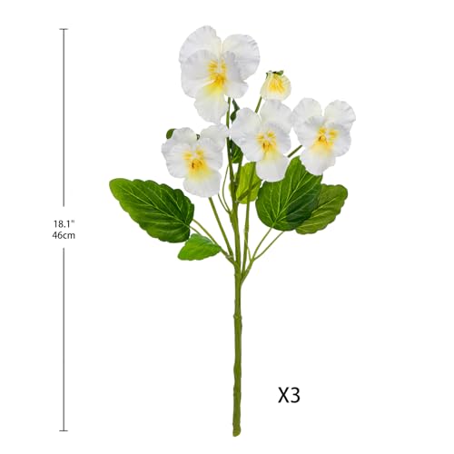 White Artificial Flowers 3 Pack Pansy Flowers Artificial Silk Flowers 18" Realistic Fake Flowers for Decoration Spring Faux Flowers for Vase Home Indoor Wedding Flower Bouquet Table Centerpiece Decor - color: White