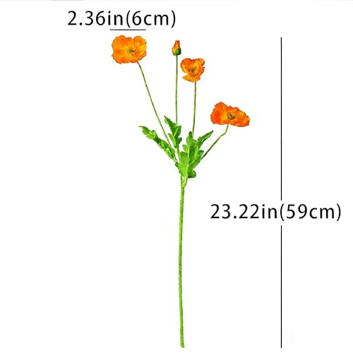 HCTCPALS Artificial Poppy Flowers, Orange, 6 Pcs, 23.5" | Silk Material, UV Resistant, Realistic Design, Indoor/Outdoor Use, Hanging Planter Decoration - color: Poppy Yellow