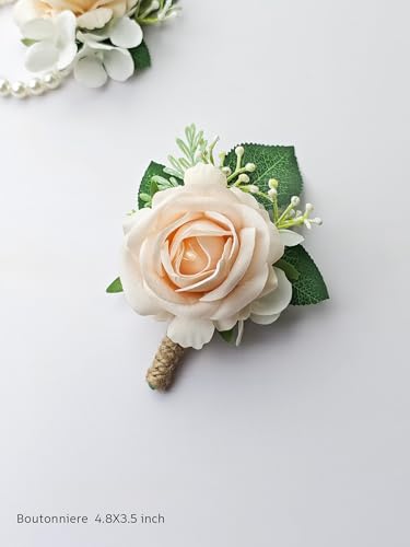Champagne Rose Corsage and Boutonniere Set Wristlet Corsage for Bride Bridesmaids, Boutonniere for Groom Groomsmen Prom Wedding Flowers Accessories,Homecoming, Anniversary, Graduation (Champagne) - color: Champagne