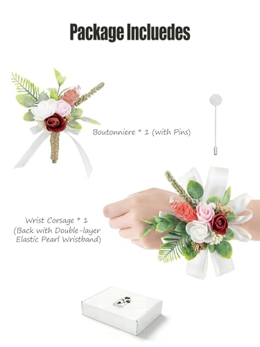 Burgundy White Corsage and Boutonniere Set Wrist Corsage Wristlet for Prom Groom Flower Boutonniere for Men Wedding Party Homecoming Accessories Suit - color: Burgundy White